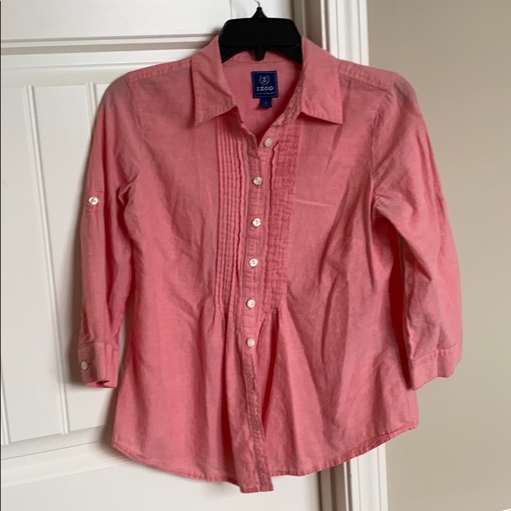 IZOD- loose fitting button down.